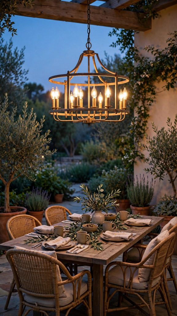 Idea 5: A Statement Outdoor Chandelier Over the Dining Set